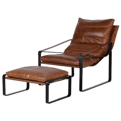 Modern Retro Brown Leather Metal Framed Relaxer Chair And Stool