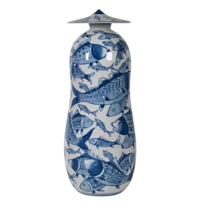 Blue and White Hand Painted Koi Fish Lidded Jar