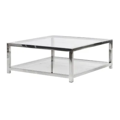 Large Modern Silver Stainless Steel 100cm Square Coffee Table Glass Top