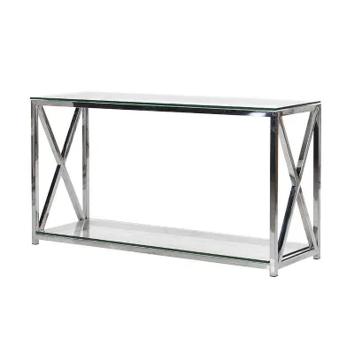 Steel Criss Cross Framed Open Console Hall Display Table With Glass Top 130cm