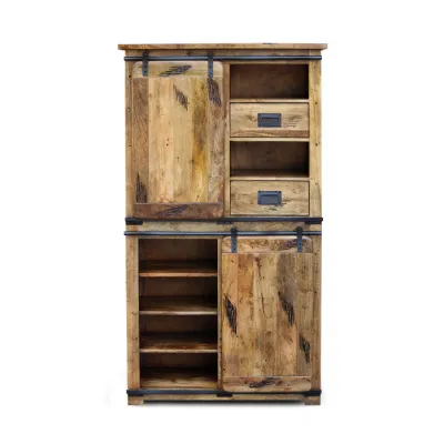 Industrial Distressed Mango Wood Double Display Cabinet with Sliding Doors