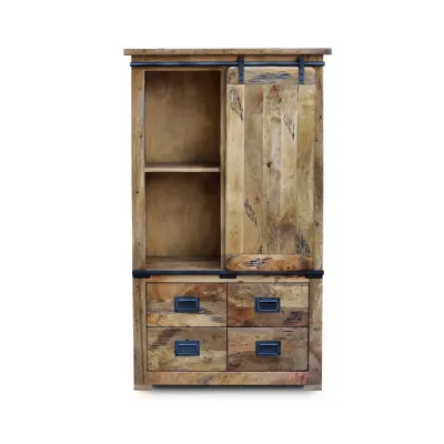 Industrial Distressed Mango Wood Chest Display Cabinet with Sliding Doors and Drawers