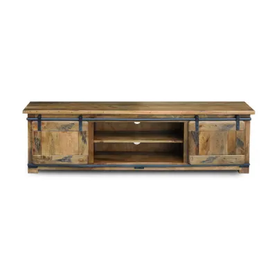 Industrial Distressed Mango Wood Large TV Stand with Sliding Barn Doors
