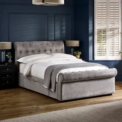 Ravello Grey Chenille Upholstered 135cm Double Bed With 2 Drawers