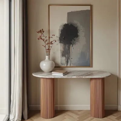 Natural Marble Top Console Table Lacquered Wood Legs