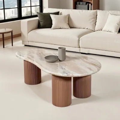 Taupe Marble Top Coffee Table Lacquered Wood Pedestal Base