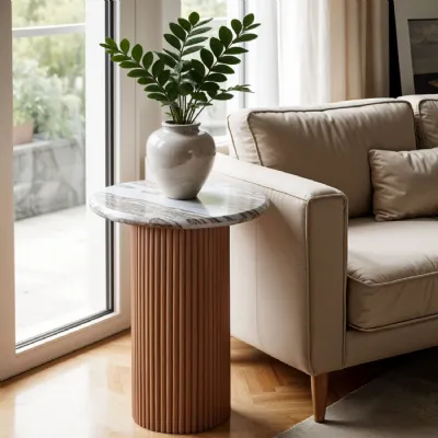 Ashford Natural Marble & Wood Pedestal Side Table