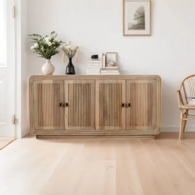 Natural Mango Wood 4 Door Wide Carved Sideboard