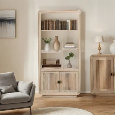 Natural Oak Wood 2 Door Large Carved Bookcase