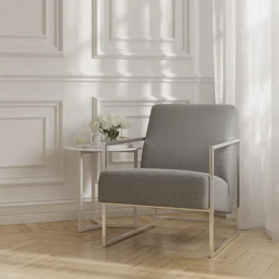 Dove Grey Tweed Fabric Upholstered Accent Chair with Silver Metal Frame