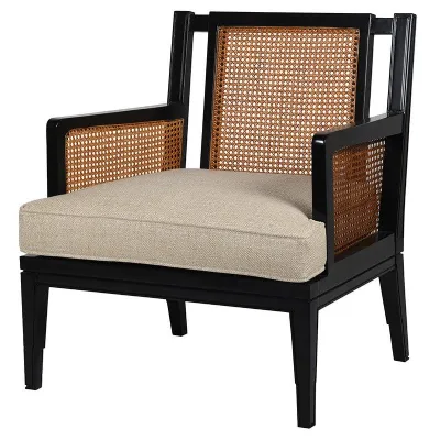 Black Waxed Wooden Arm Chair With Rattan Design