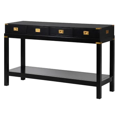 Black Military Style 4 Drawer Console Table With Open Low Shelf Brass Handles