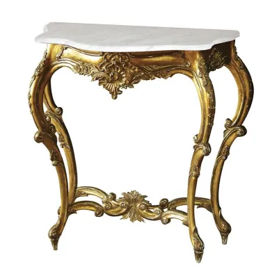 Antique Style Gold Leaf Small Console Table With Marble Top