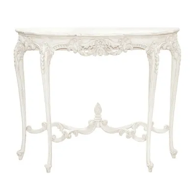 French Shabby Chic White Crackle Finish Carved Console Table