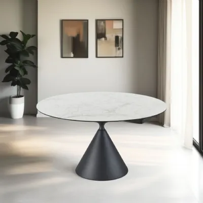 Modern White Round Ceramic 4 Seater Extending Dining Table with Black Iron Base