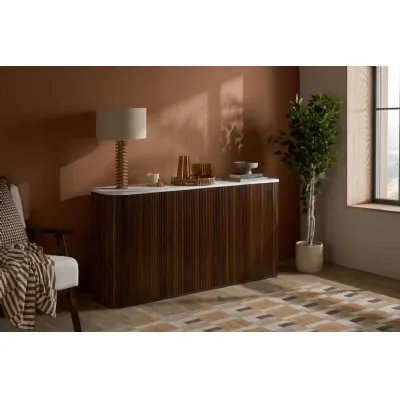 Walnut Effect Wood 3 Door Oval Fluted Sideboard Marble Top