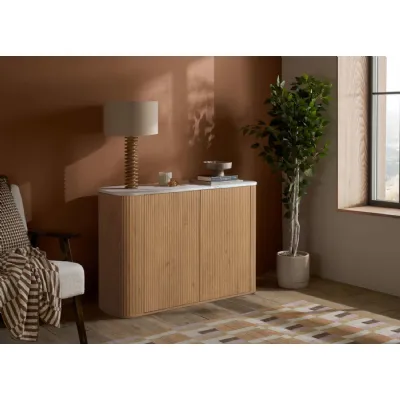 Oak Effect Wood 2 Door Small Fluted Sideboard Marble Top