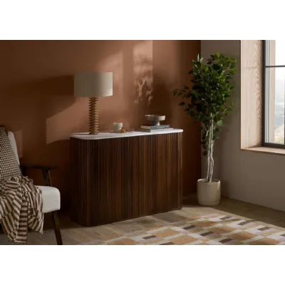 Walnut Effect Wood 2 Door Small Fluted Sideboard Marble Top