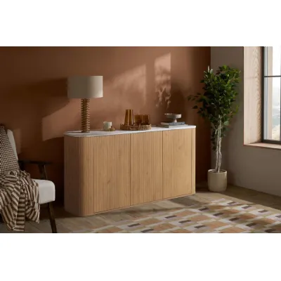 Oak Effect Wood 3 Door Oval Fluted Sideboard Marble Top