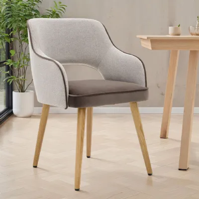 Brown Fabric Curved Back Dining Chair with Oak Legs