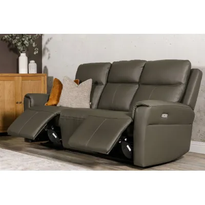 Ash Grey Leather Electric Power Recliner 3 Seater Sofa