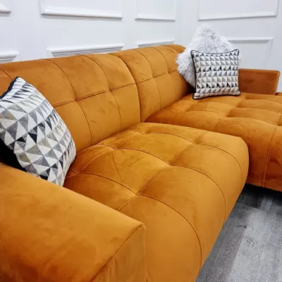 Orange Velvet 3 Piece Buttoned Cinema Corner Sofa Chaise