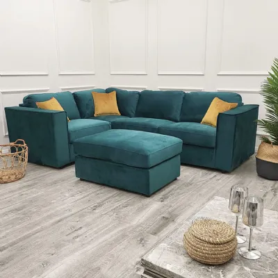 Modern Blue Fabric Upholstered 4 Seater Corner Sofa with Squared Arms