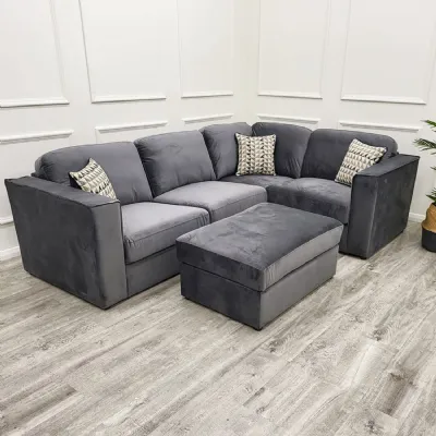 Modern Dark Grey Fabric Upholstered 4 Seater Corner Sofa with Squared Arms