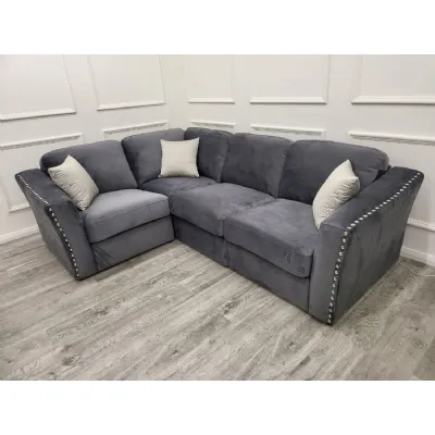 Modern Blue Fabric 4 Seater Corner Sofa with Chrome Stud Detailing