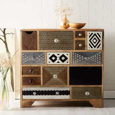 Natural Wood Patchwork Designed Chest of 14 Drawers
