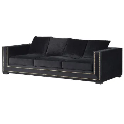 Modern Low Back 3 seater Black Velvet Sofa With Stud Detailing