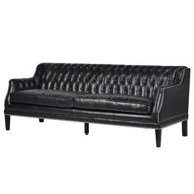Modern Black Leather 3 Seater Sofa With Stud Detail