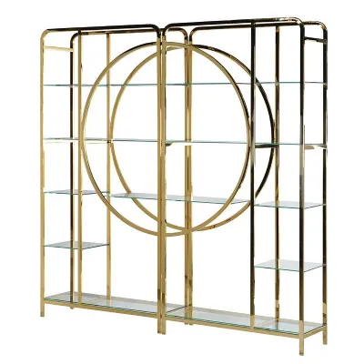 Gold Coloured Frame Metal and Glass Large Shelves Unit