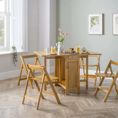 Light Oak Folding Dining Table and 4 Chairs Set with Storage Drawer