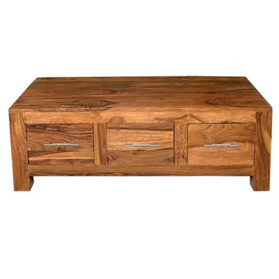 Modern Solid Sheesham Wood 3 Drawer Coffee Table