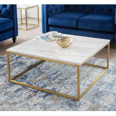 Modern White Marble Effect Top Square Coffee Table with Gold Metal Frame