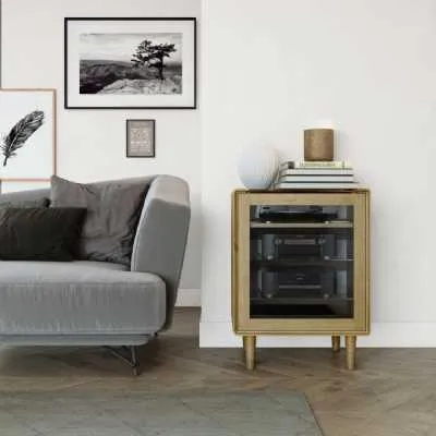Nordic Scandic Oak Hifi Media Cabinet Unit Glass Top Glass Door With Shelves on Legs