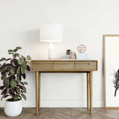 Nordic Scandic Oak Console Hall Table With 3 Drawers Slimline Design