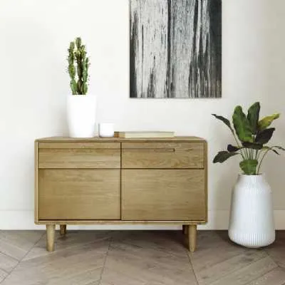 Nordic Scandic Oak Narrow Storage Cupboard 2 Sliding Doors 2 Drawers on Legs