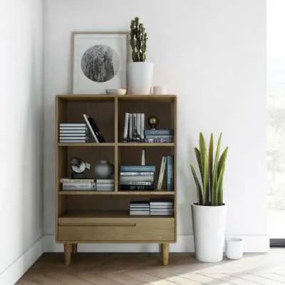 Nordic Scandic Oak Small Open Bookcase Display Shelving Unit With 1 Drawer on legs
