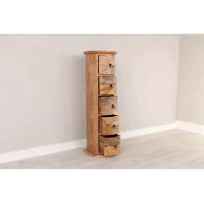 Rustic Natural Mango Wood Round 5 Drawer Tallboy