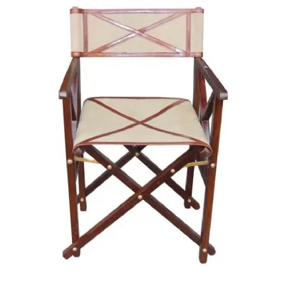 Handcrafted Brown Leather and Wood Director Foldable Chair