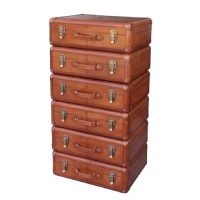 Handcrafted Brown Leather 6 Drawer Tallboy Chest with Suitcase Design