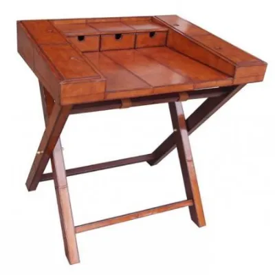 Vintage Handcrafted Brown Leather and Brass Writing Desk with Stand