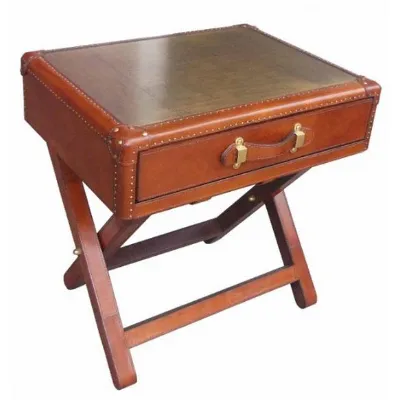 Handcrafted Leather And Brass Side Table with Brass Top