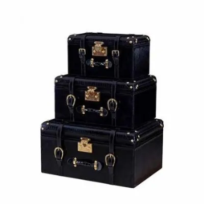 Set of 3 Handcrafted Vintage Black Leather and Brass Weave Storage Trunks