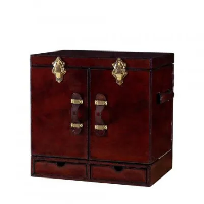 Brown Handcrafted Leather Mini Bar Cabinet with Brass Detailing