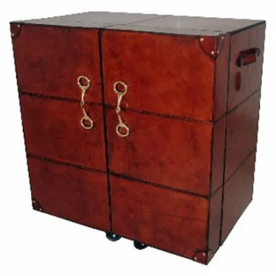 Handcrafted Brown Leather Home Bar Cabinet on Castors with Storage Shelves