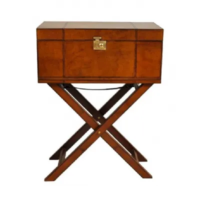 Handcrafted Brown Leather Bar Cabinet with Wooden Stand and Lift Top Lid