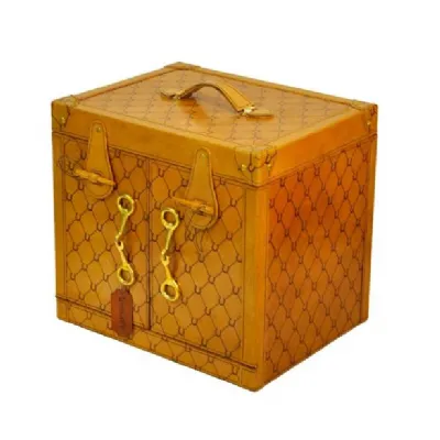 Vintage Style Handcrafted Tan Leather and Brass Mini Bar Cabinet
